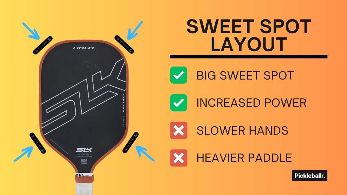 Pickleball lead tape layout for a bigger sweet spot